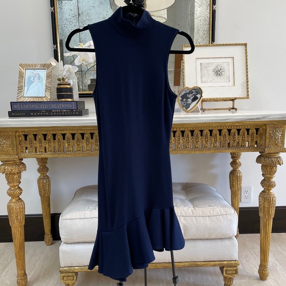 Torn by Ronny Kobo Navy Blue Asymmetrical Bottom Ruffle Midi Dress Size XS - Picture 3 of 10